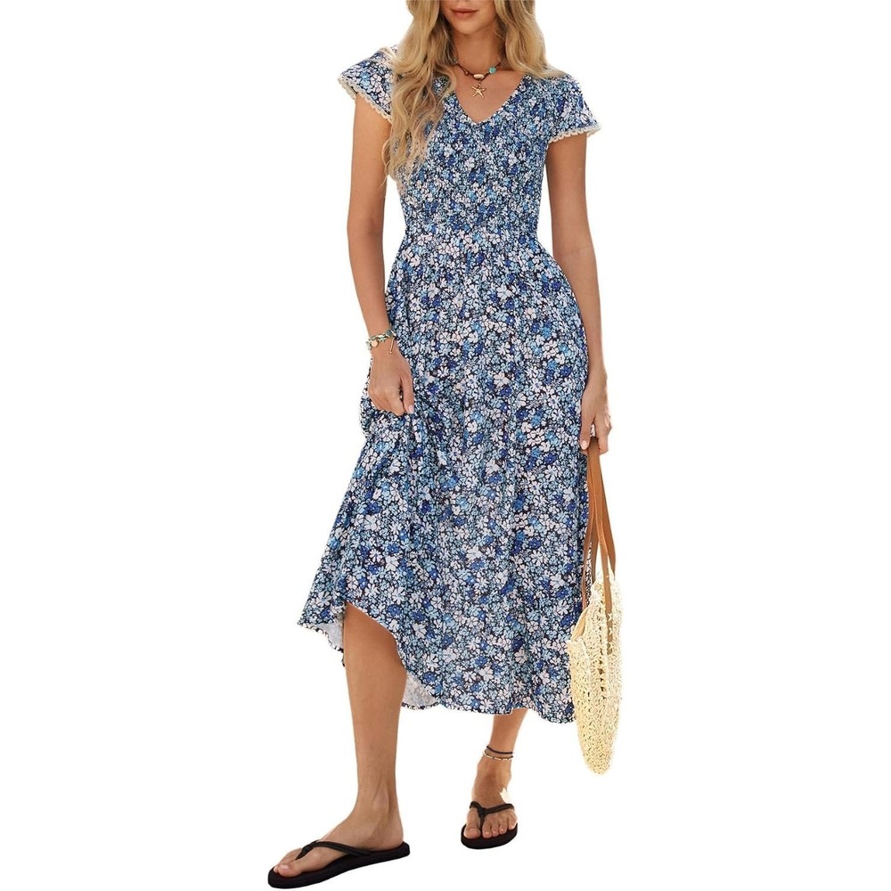 Kate Kasin Floral Maxi Dress Womens XL Blue NWT Smocked Bodice Boho Pockets Lace